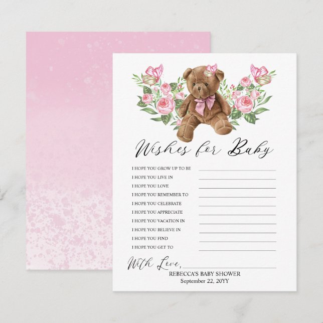 Nalle Rosa Blommigt Önskemål för Baby-spel (Fram/baksida)