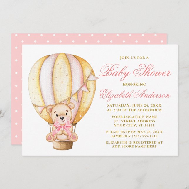 Nalle Rosa Bow Luft Balloon Dots Baby Shower Inbjudningar (Fram/baksida)