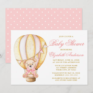 Nalle Rosa Bow Luft Balloon Dots Baby Shower Inbjudningar