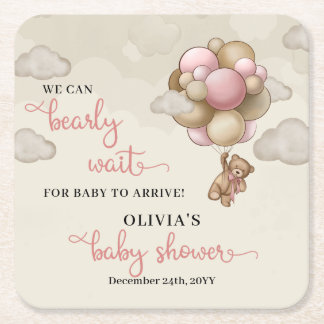 Nalle rosa brun elfenbensballonger babydusch underlägg papper kvadrat
