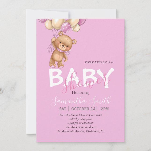Nalle, ROSA Bubblor Baby Shower-inbjudan Meddelande (Framsida)