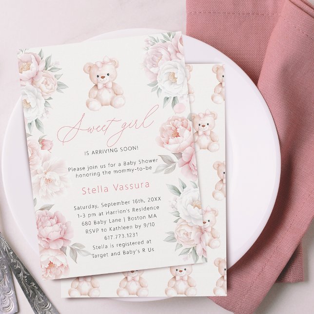 Nalle Rosa Flowers Girl Baby Shower Inbjudningar (Teddy Bear Pink Flowers Girl Baby Shower Invitation)