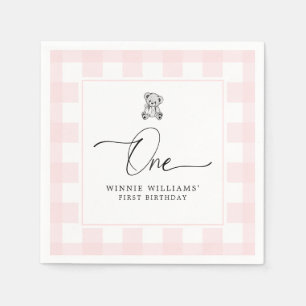 Nalle Rosa Gingham 1st Birthday Napkins Pappersservett