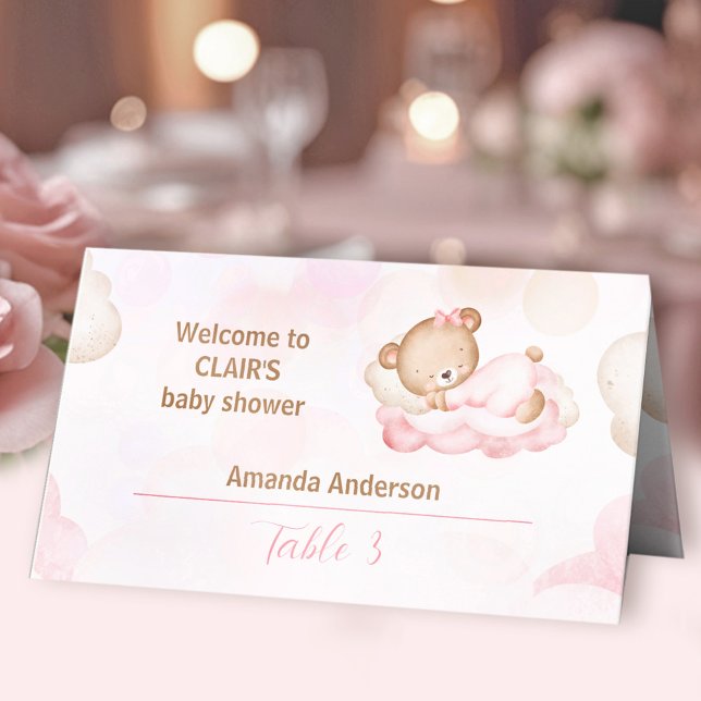 Nalle Rosa Girl Baby Shower Tält Placeringskort (Teddy Bear Pink Girl Baby Shower Tent Place Card)