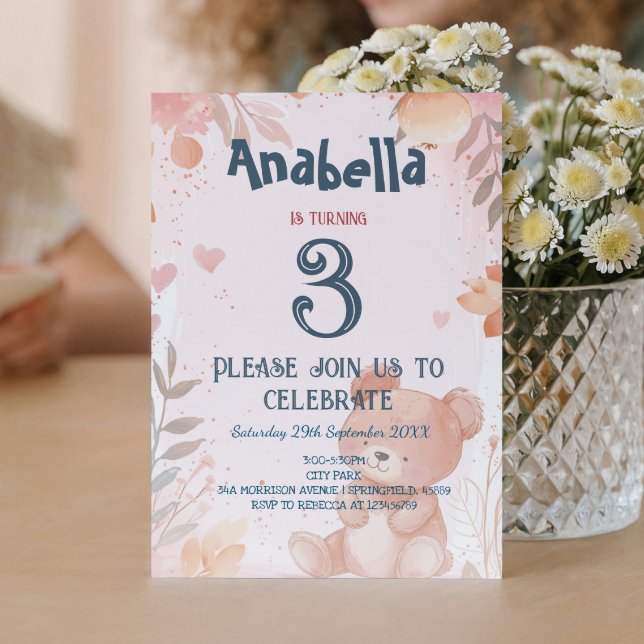 Nalle Rosa Girl Girl Födelsedagsfest Inbjudningar (Skapare uppladdad)