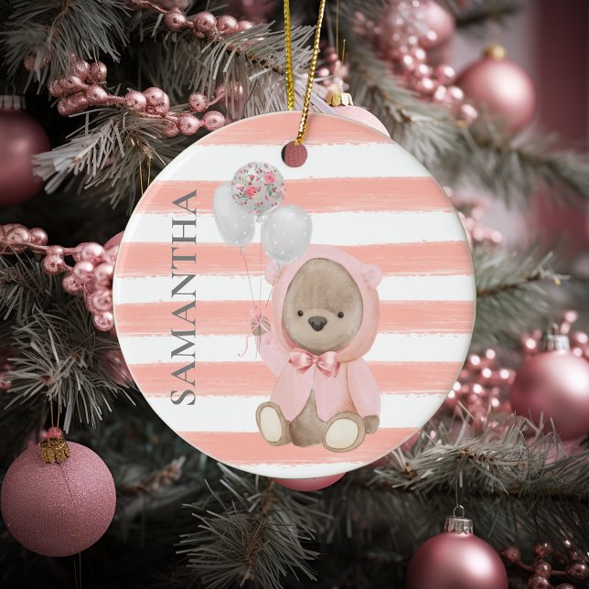 Nalle Rosa Girl Girl Girl's Personlig Baby Gift Julgransprydnad Keramik (Skapare uppladdad)