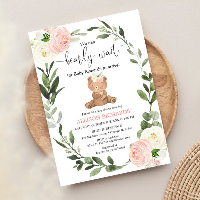 Nalle rosa Greenere blommigt Flickdusch för barn i Inbjudningar (Skapare uppladdad)