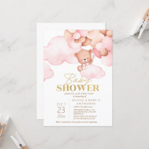 Nalle Rosa Guld Flicka Shower Inbjudningar