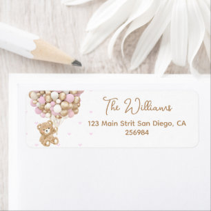 Nalle Rosa Heart & Balloon Baby Shower Returadress Etikett