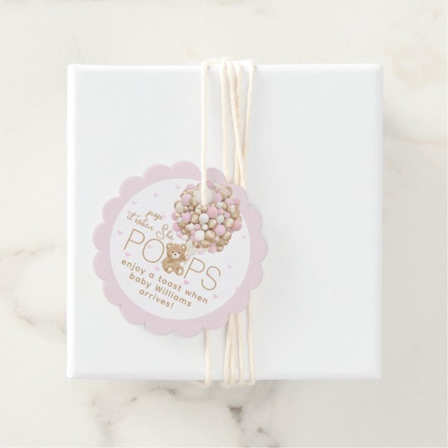 Nalle Rosa Heart & Balloon Flicka Shower Gåvor Etiketter (På plats)
