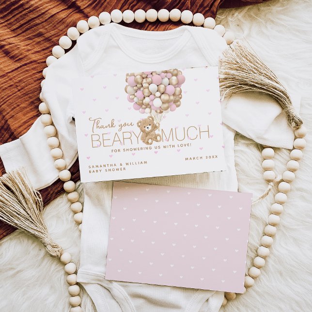 Nalle Rosa Heart & Balloon Flicka Shower Tack Kort (Skapare uppladdad)