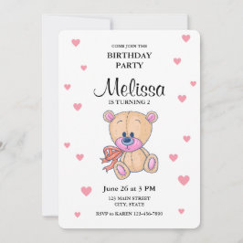 Nalle Rosa Little Girl Födelsedagsfest Inbjudningar