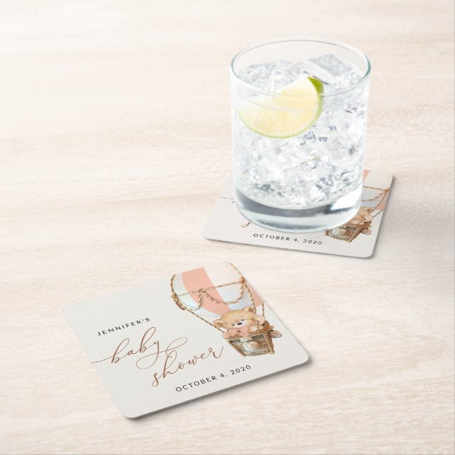 Nalle, Rosa Luftballong, babykläder Underlägg Papper Kvadrat (Insitu)