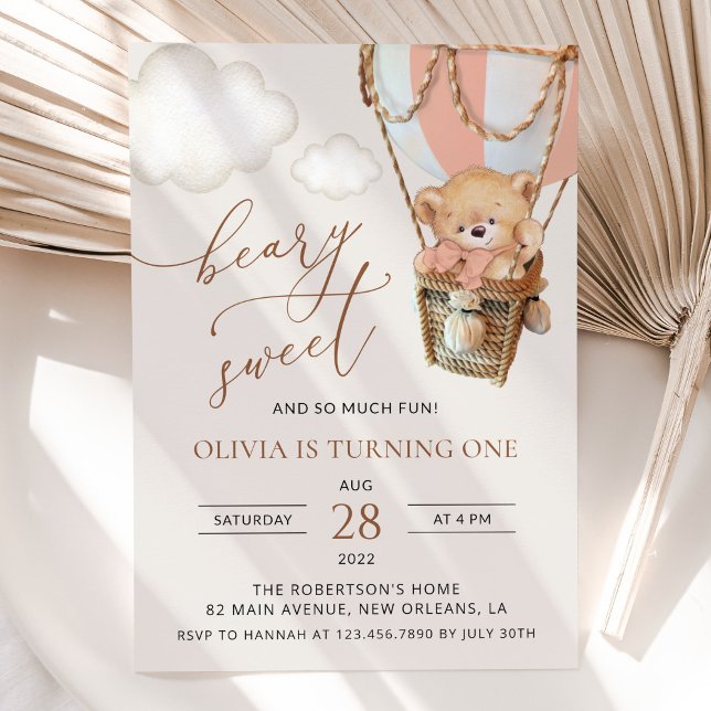 Nalle, Rosa Luftballong, första födelsedag Inbjudningar (Skapare uppladdad)