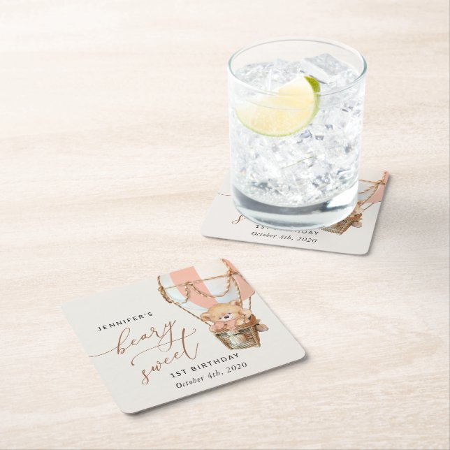 Nalle, Rosa Luftballong, första födelsedag Underlägg Papper Kvadrat (Insitu)