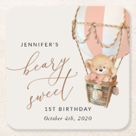 Nalle, Rosa Luftballong, första födelsedag Underlägg Papper Kvadrat