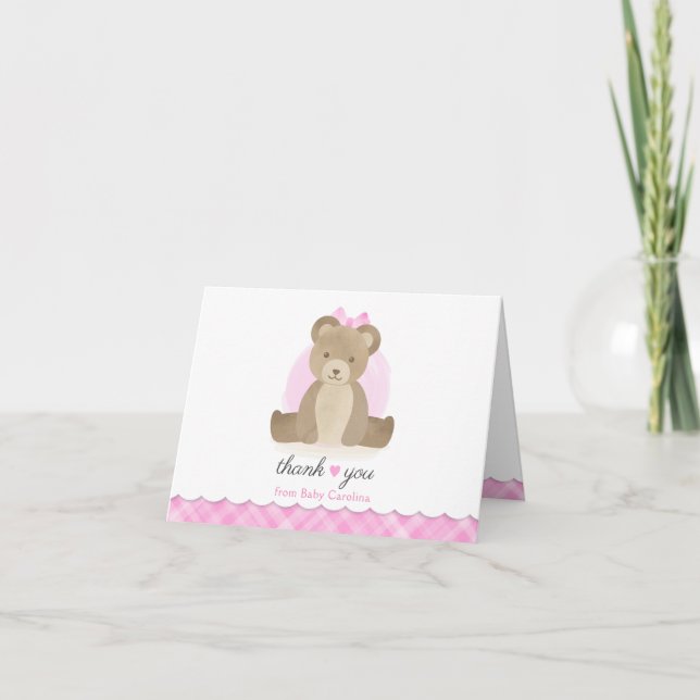 Nalle Rosa Plade Baby Shower Tack Kort (Framsida)