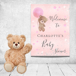 Nalle rosa silver Välkomna till babydusch Poster