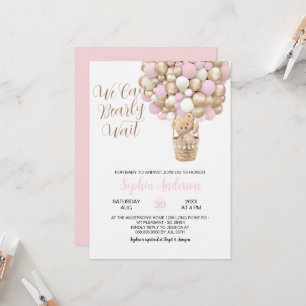 Nalle Rosa Tan Balloons Girl Baby Shower Inbjudningar
