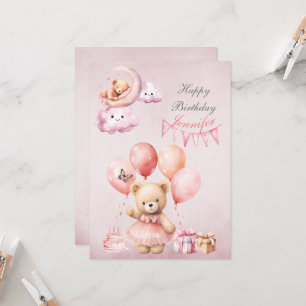 Nalle Rosa Watercolor Girls Birthday Inbjudningar