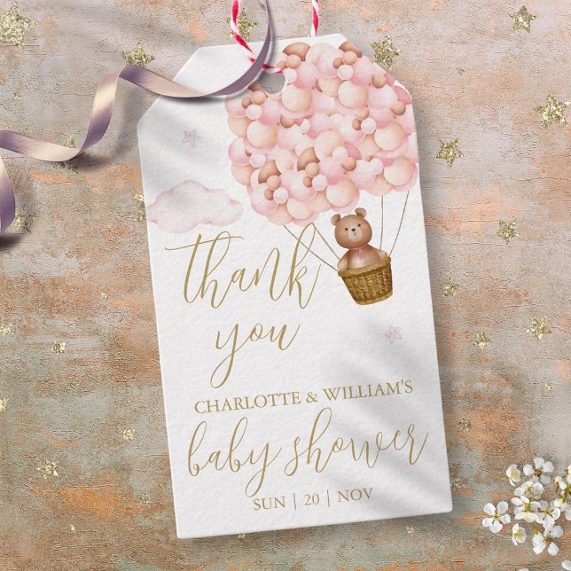 Nalle Rosaballonger Baby Shower Tacksamhetskort Presentetikett (Teddy Bear Pink Balloons Baby Shower Thank You Gift Tags)