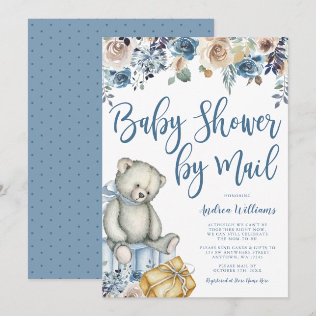 Nalle Rustic Blommigt Boy Shower efter post Inbjudningar (Fram/baksida)
