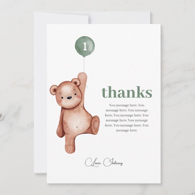 Nalle Sage Gree First Birday Tack You Card (Framsida)
