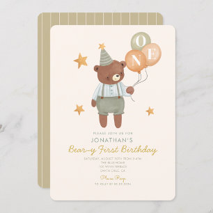 Nalle Sage Grönt Beary First Birday Inbjudningar