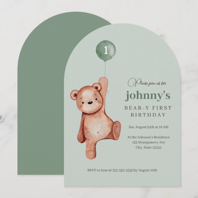 Nalle Sage Grönt Första Födelsedagsfesten Inbjudningar (Fram/baksida)