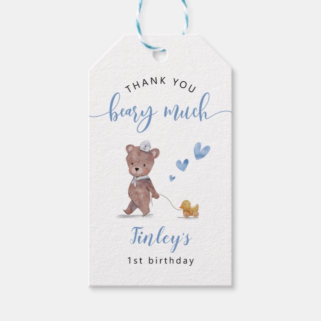 Nalle Sailor Boy Födelsedagsfest Presentetikett (Framsidan)