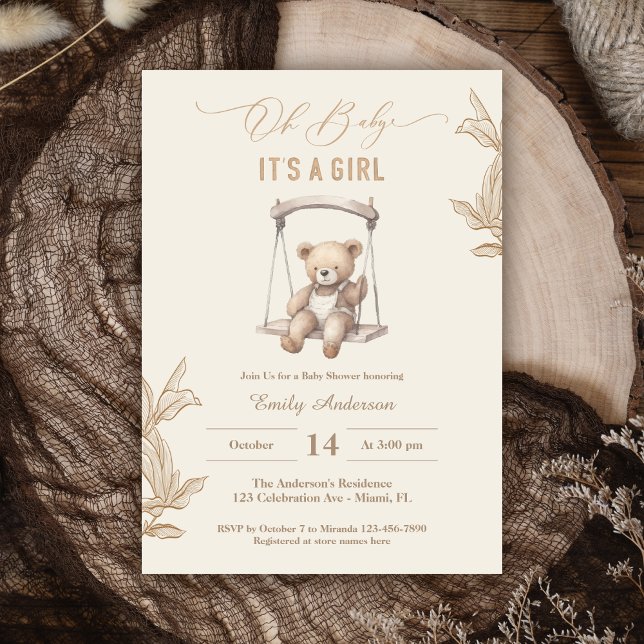 Nalle Script Boho Baby Shower Girl Inbjudningar (Skapare uppladdad)