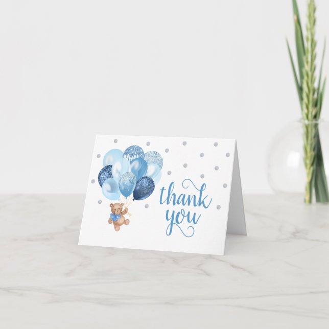 Nalle Silver Ballons Baby Shower Tack Kort (Framsida)