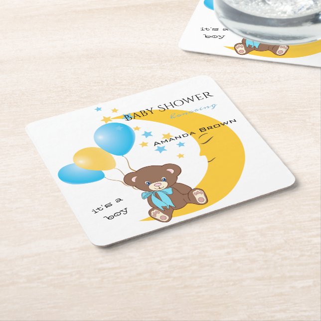 Nalle Sitta vid Måne | Pojke Shower Underlägg Papper Kvadrat (Vinklad)