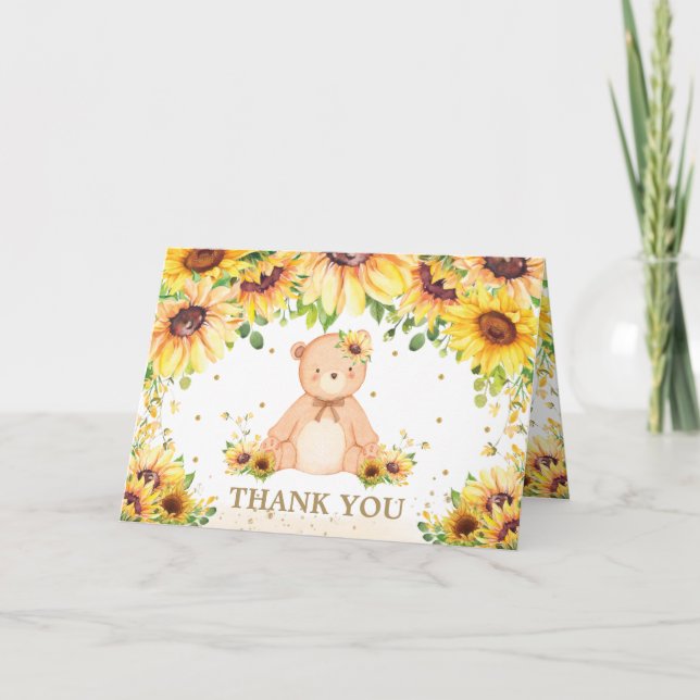 Nalle Solros Blommigt Baby Shower Birthday Tack Kort (Framsida)