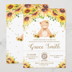 Nalle Solros Blommigt Baby Shower Girl Invi Inbjudningar
