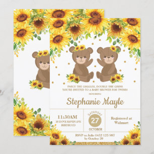 nalle Solros Blommigt Baby Shower Twin Girls Inbjudningar