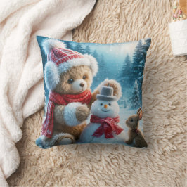 Nalle som Bygger Snögubbe Kudde