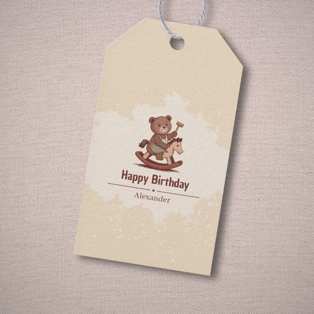 Nalle som rider en Rocking Horse Presentetikett (Teddy Bear riding a Rocking Horse Gift Tags)