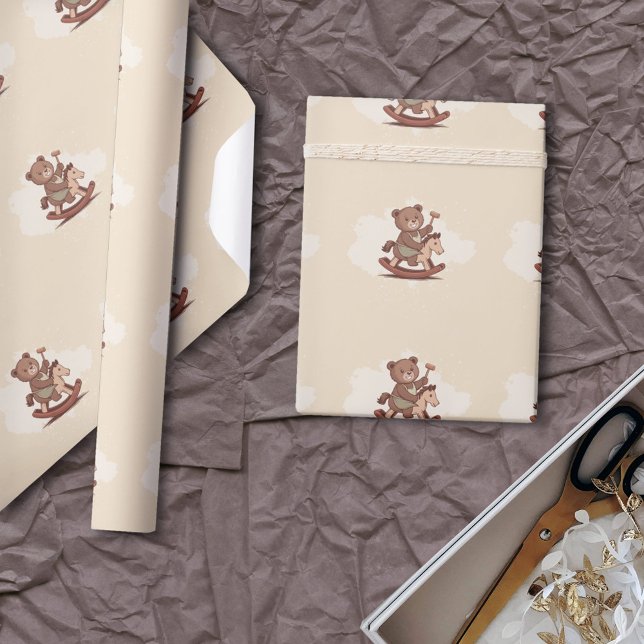 Nalle som rider en Rocking Horse Presentpapper (Teddy Bear riding a Rocking Horse Wrapping Paper)