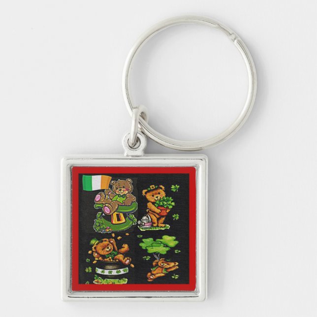 Nalle St. Patrick's Day Collection Fyrkantig Silverfärgad Nyckelring (Framsidan)