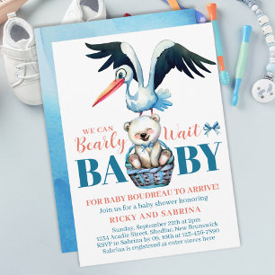 Nalle Stork Barly With Blue Baby Shower Inbjudningar