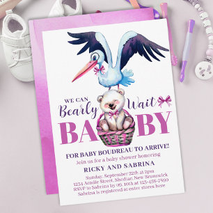 Nalle Stork Barly With Rosa Baby Shower Inbjudningar