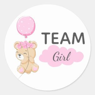 Nalle Team Girl Gender Reveal Party Round Runt Klistermärke