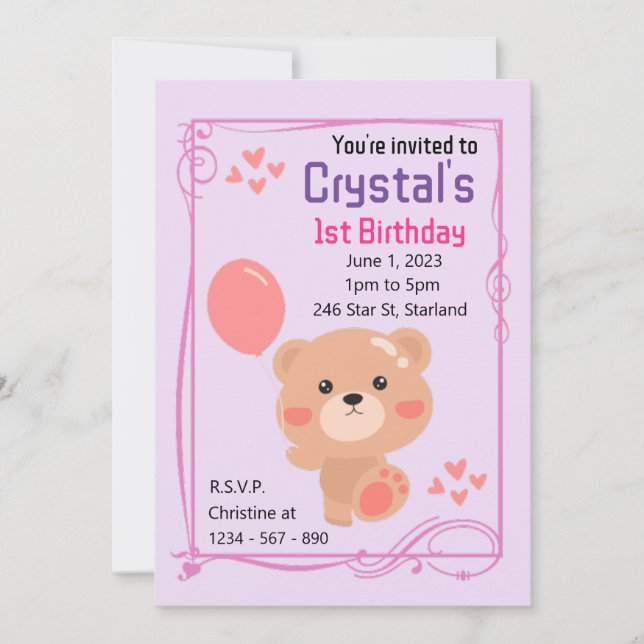 Nalle Theme Girl's 1st Birthday Party Invita Inbjudningar (Framsida)