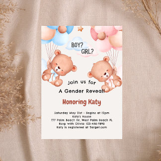 Nalle Themme Baby Gender-visning Inbjudningar