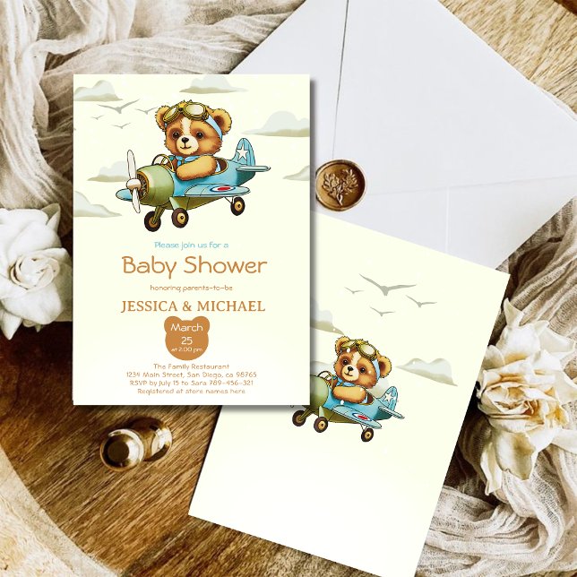 Nalle Tiny Pilot Airplan Baby Shower Inbjudningar (Teddy Bear Tiny Pilot Airplane Baby Shower Invitation)