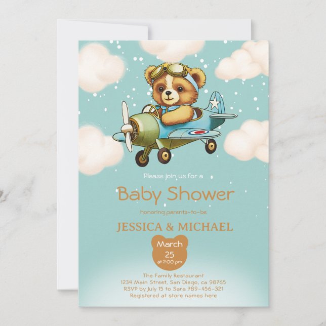 Nalle Tiny Pilot Airplan Baby Shower Inbjudningar (Framsida)