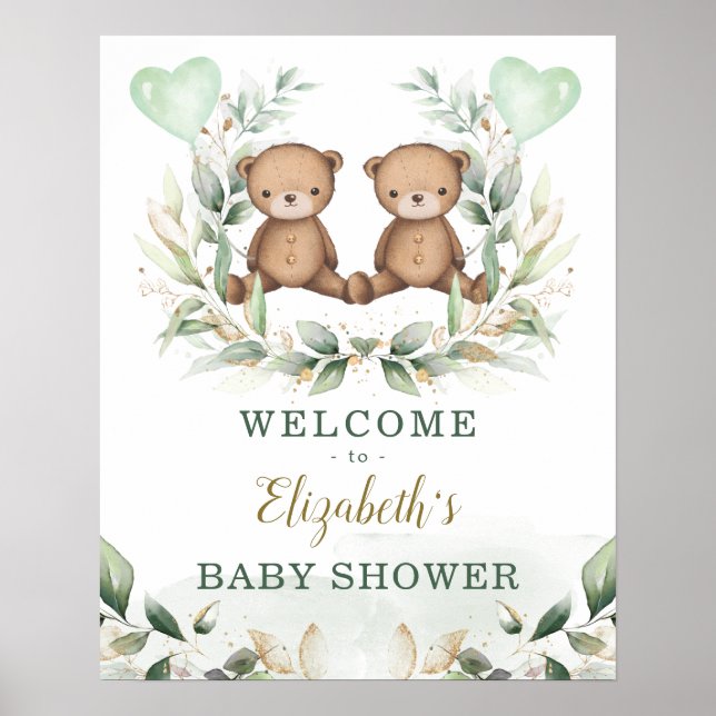 Nalle Twillingar Greenery Guld Baby Shower Välkomm Poster (Framsidan)