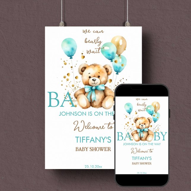 Nalle - välkomna välkomstskylt för babydusch poster (Bearly wait teddy bear baby shower welcome sign poster instant download teal and gold baby boy)