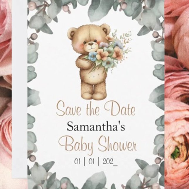 Nalle Vattenfärg Vit vykort för datum (Celebrate your little one with a "Beary Cute" teddy bear baby shower!)